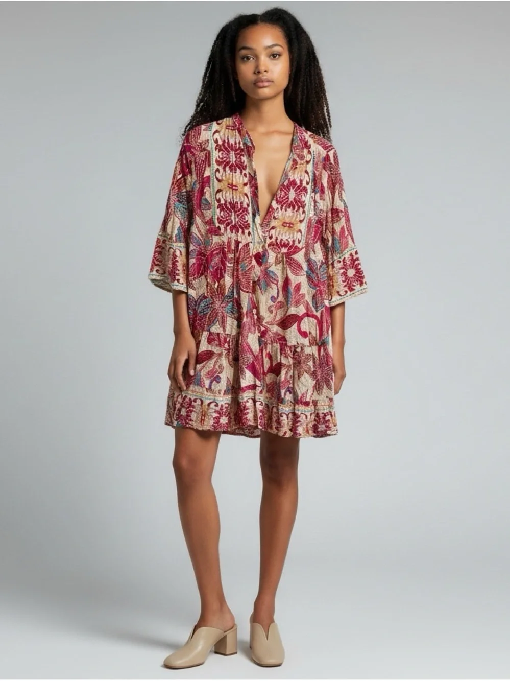Boho Floral V-Neck Tiered Mini Dress in Red and Cream size large - Picture 1 of 6
